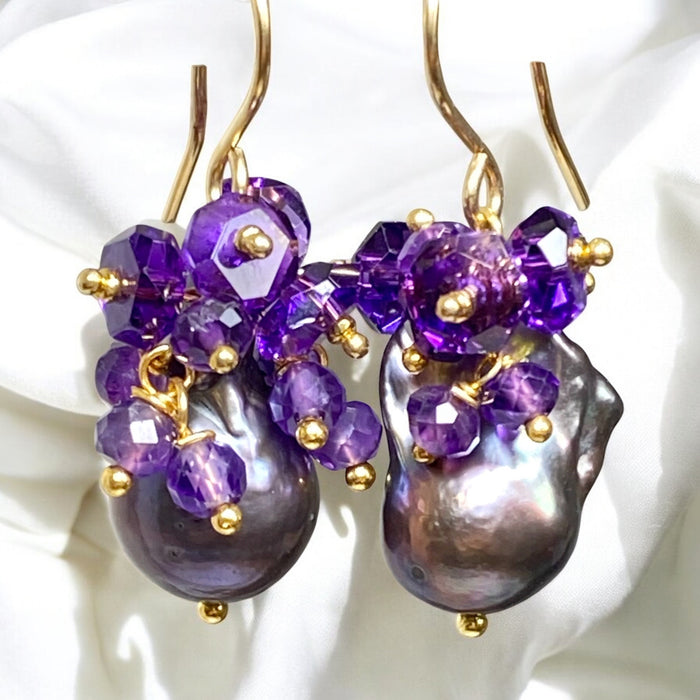 Baroque Peacock Pearl Amethyst Cluster Earrings