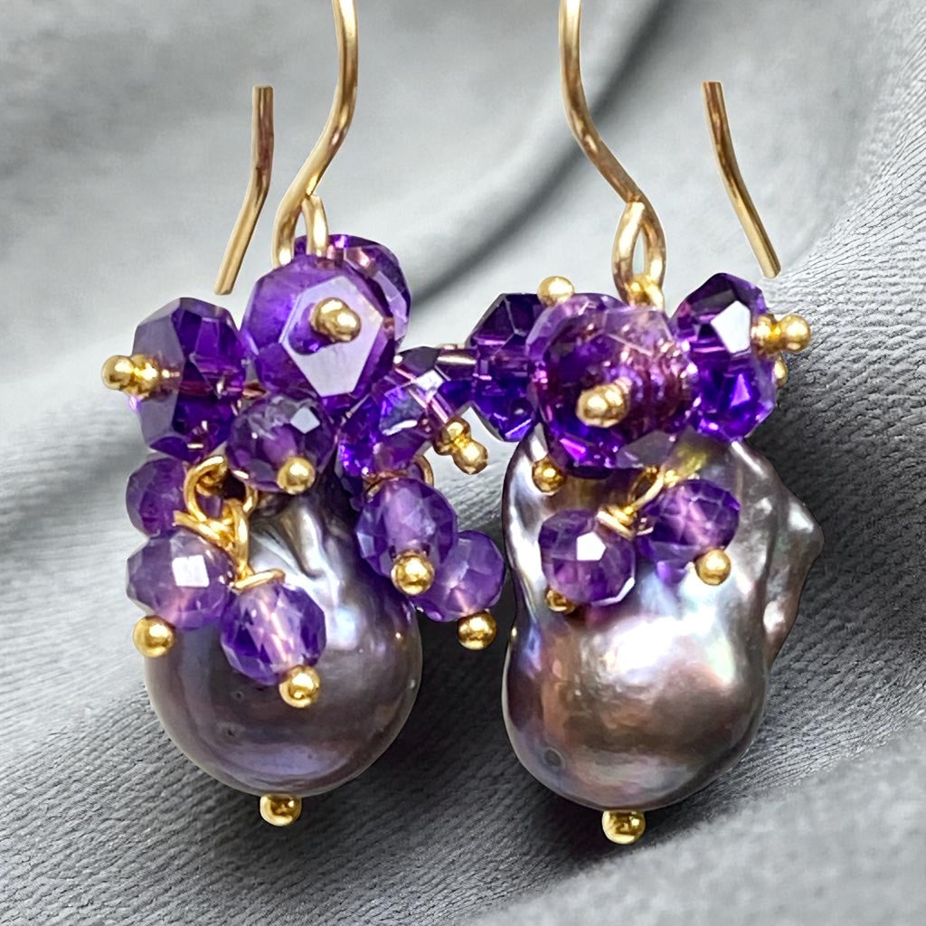 Baroque Peacock Pearl Amethyst Cluster Earrings