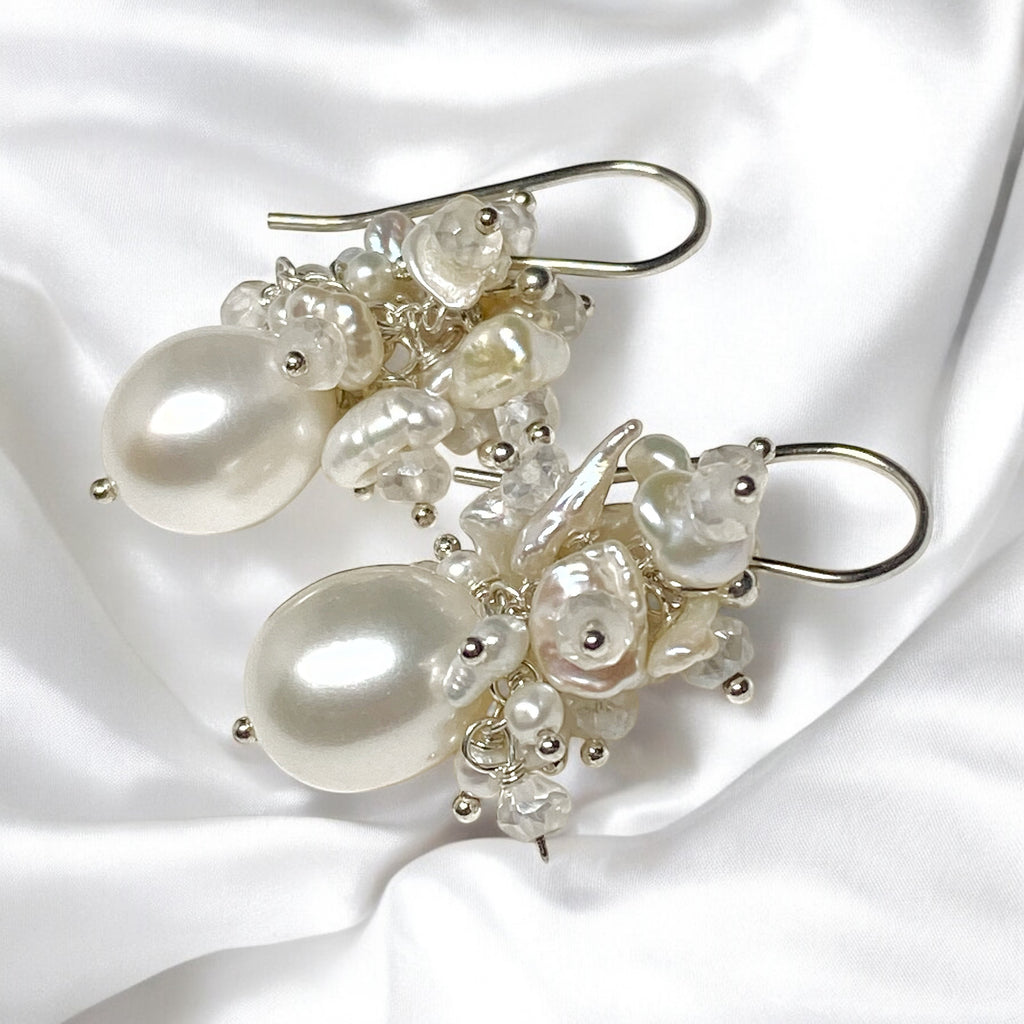 Baroque Pearl Bridal Cluster Earrings Sterling Silver