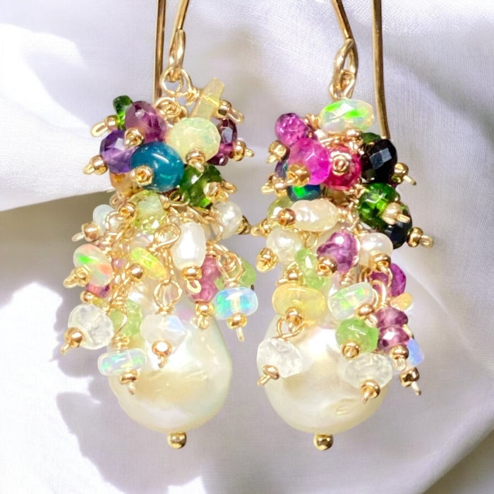 Opal Cluster Baroque Flameball Pearl Earrings Multi-color Gemstone 4