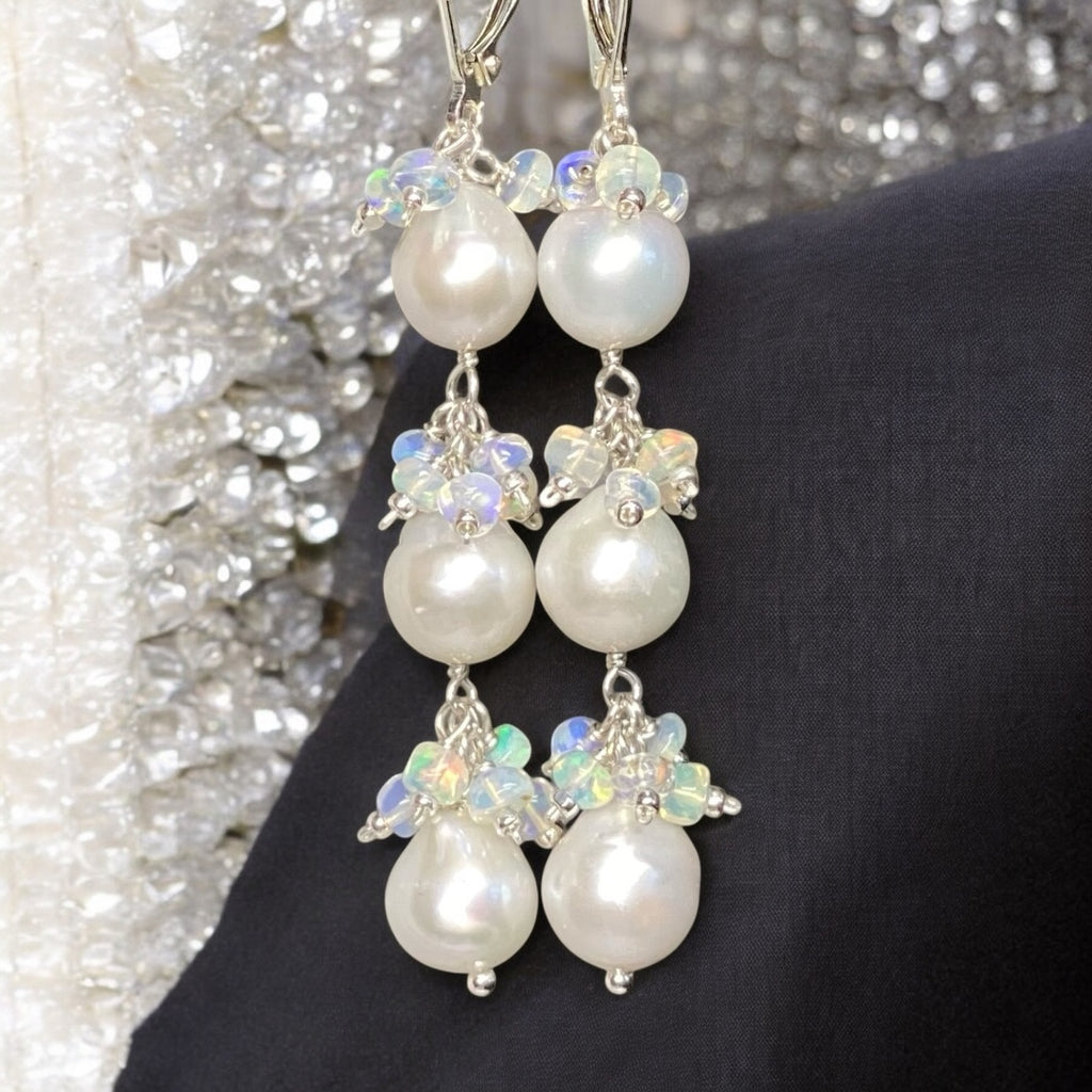 Pearl and Ethiopian Opal Long Dangle Earrings Sterling Silver