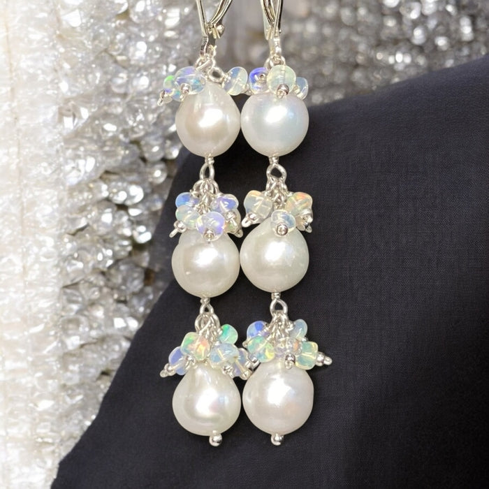Pearl and Ethiopian Opal Long Dangle Earrings Sterling Silver - Doolittle