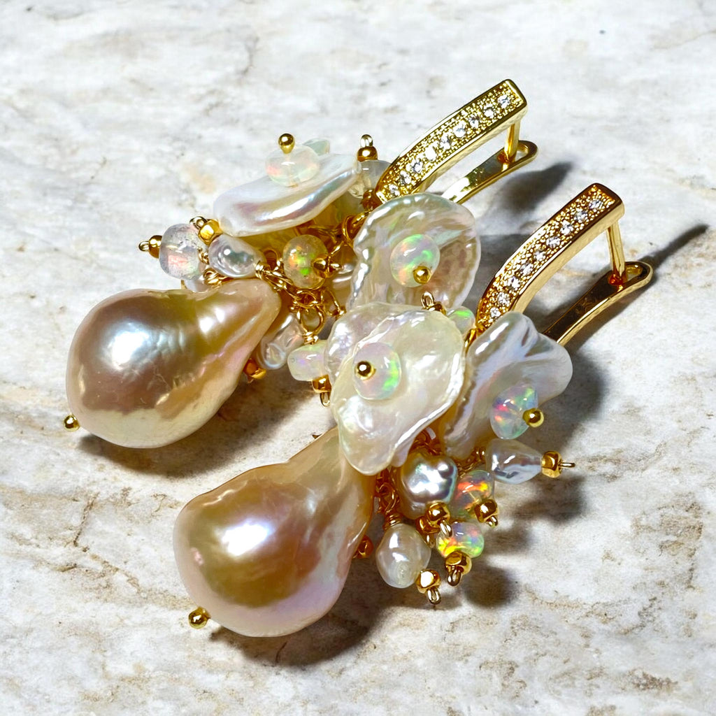 Baroque Edison Pearl Keishi Pearl Opal Cluster Earrings Bridal Gold - Doolittle