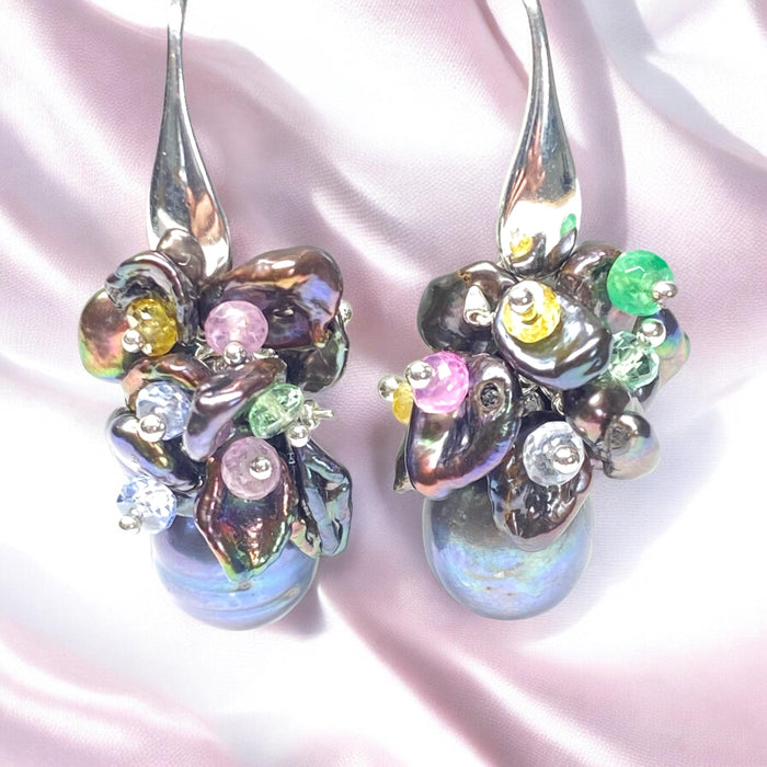 Black Pearl and Sapphire Cluster Wedding Earrings - Doolittle