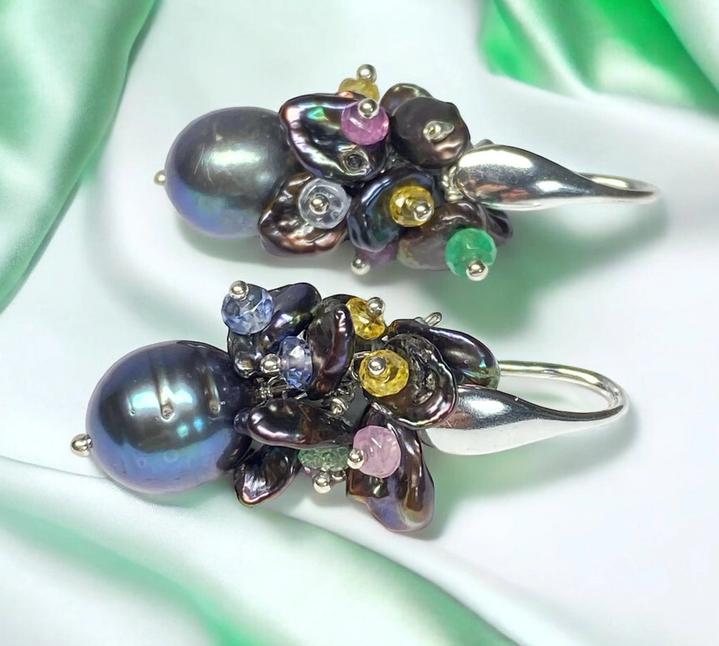 Black Pearl and Sapphire Cluster Wedding Earrings - Doolittle