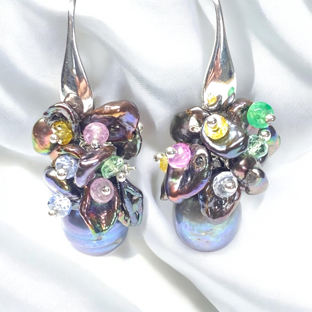 Black Pearl and Sapphire Cluster Wedding Earrings - Doolittle