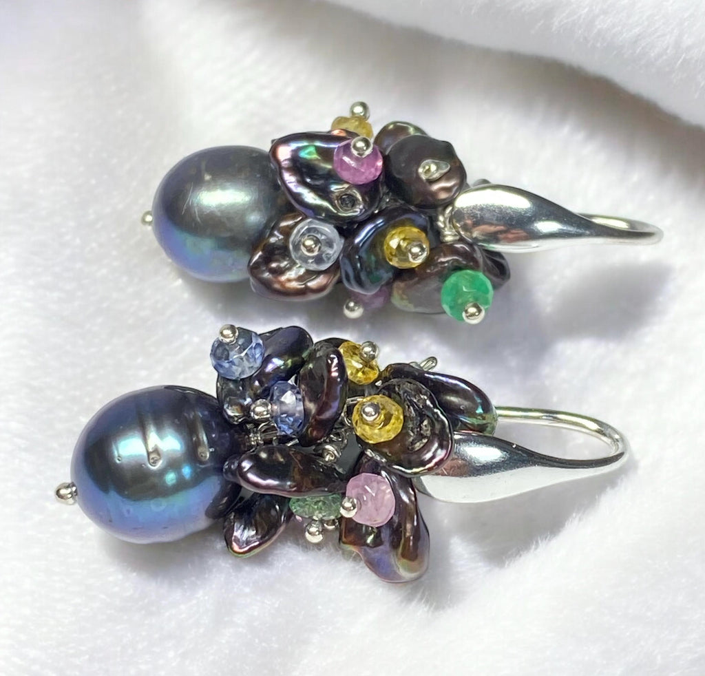 Black Pearl and Sapphire Cluster Wedding Earrings - Doolittle