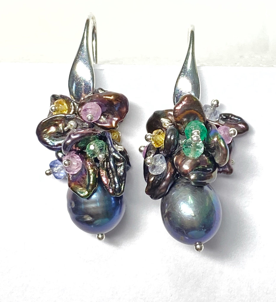 Black Pearl and Sapphire Cluster Wedding Earrings - Doolittle
