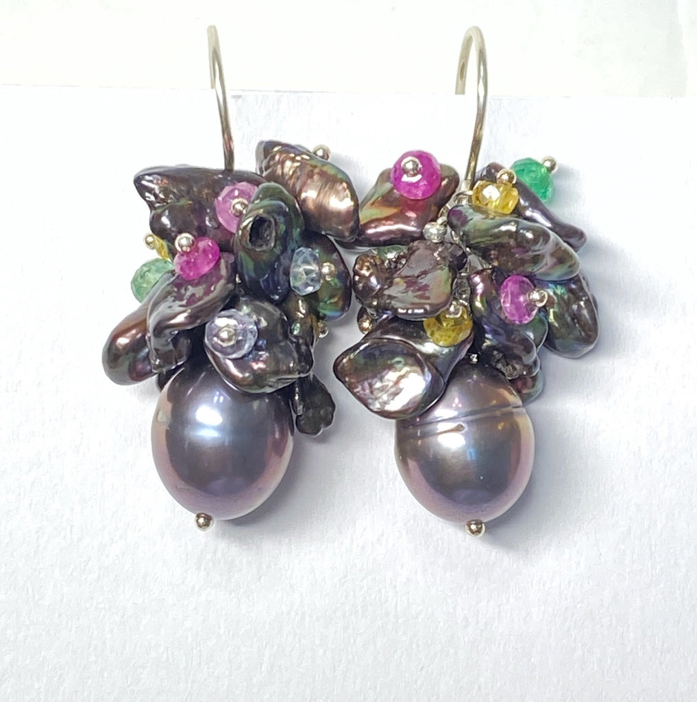 Black Pearl and Sapphire Cluster Wedding Earrings - Doolittle