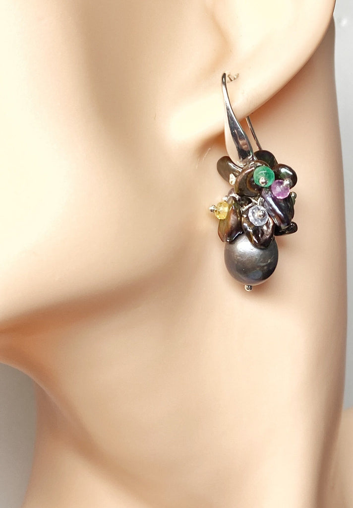 Black Pearl and Sapphire Cluster Wedding Earrings - Doolittle