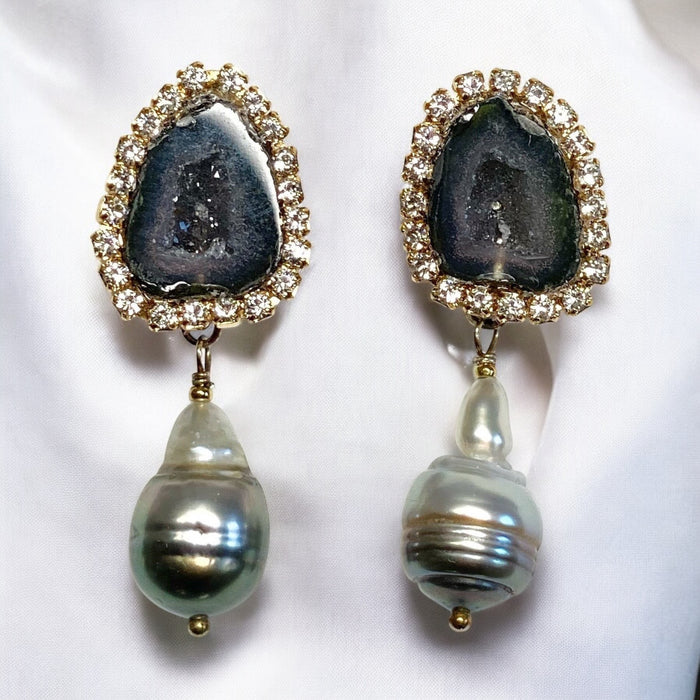 Black Tabasco Geode Earrings with Tahitian Pearls