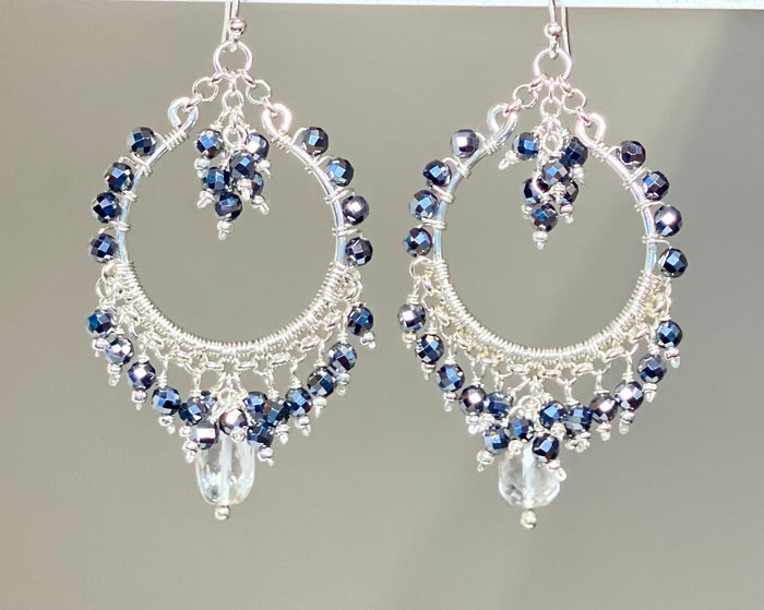 Black Gemstone Chandelier Hoop Earrings Sterling Silver — Crystal Quartz