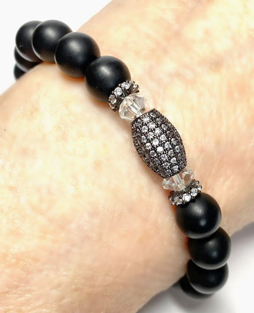 Black Onyx Stretch Bracelet with Black Pave CZ and Crystal Quartz