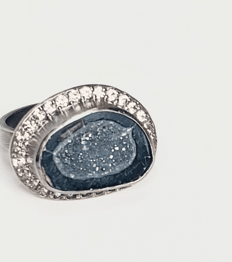 Black Geode and Pave Sapphire Ring in Oxidized Sterling Silver