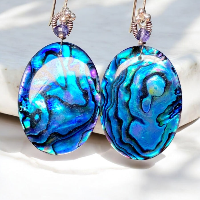 Blue Abalone Statement Dangle Earrings Sterling Silver