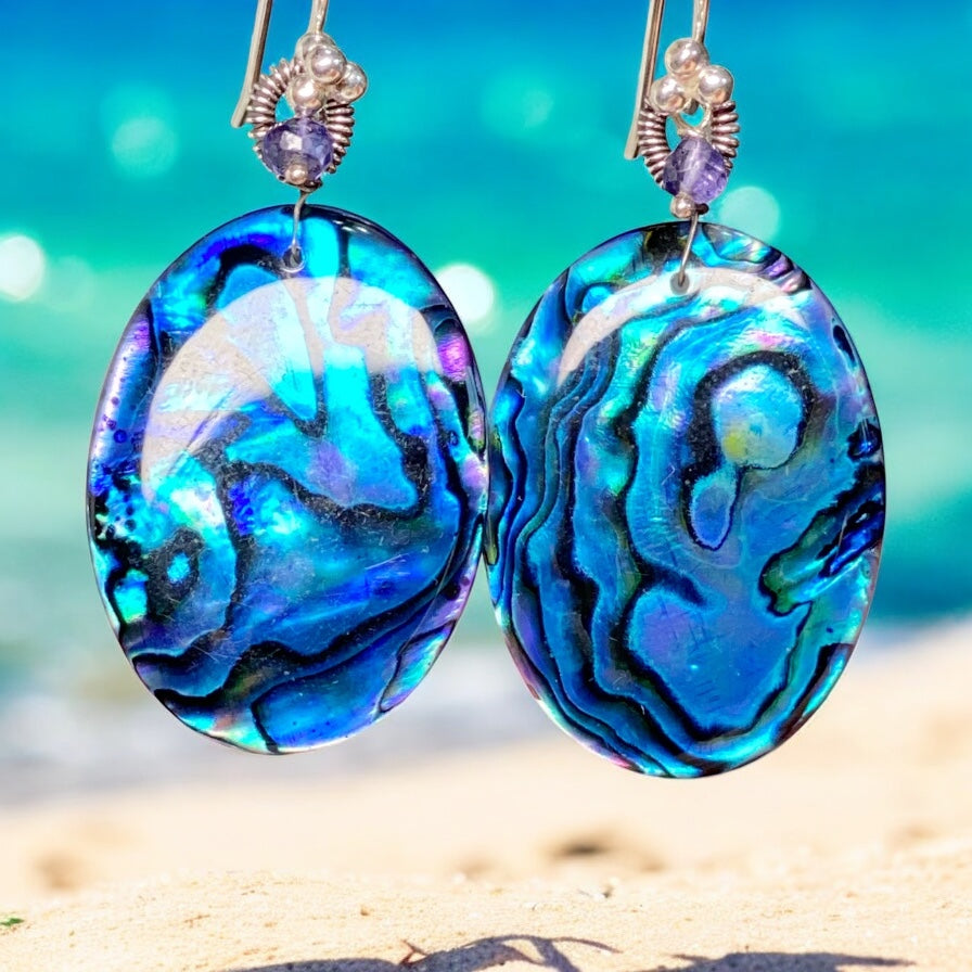 Blue Abalone Statement Dangle Earrings Sterling Silver