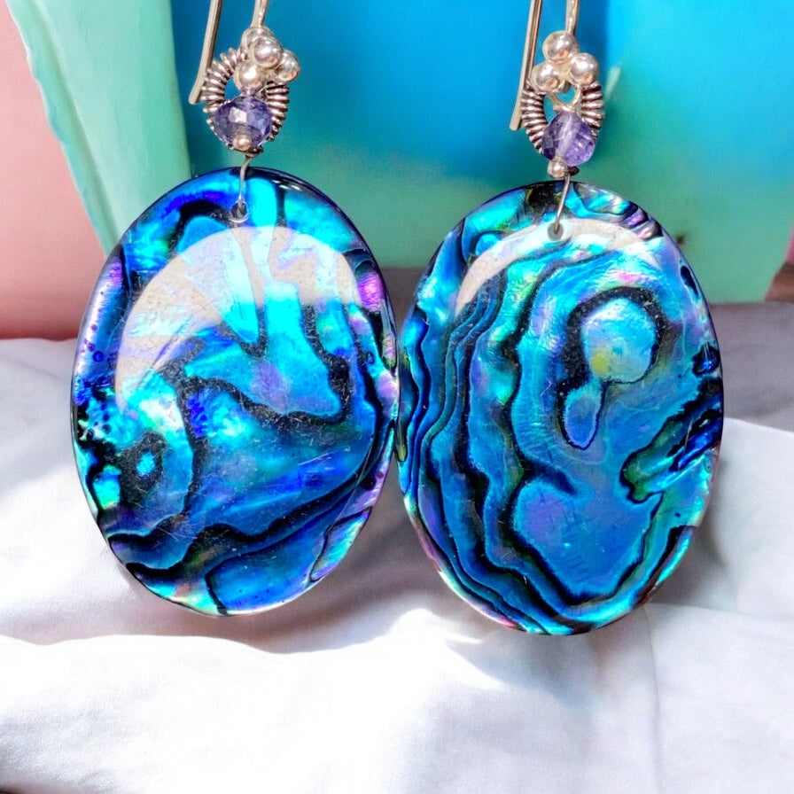 Blue Abalone Statement Dangle Earrings Sterling Silver