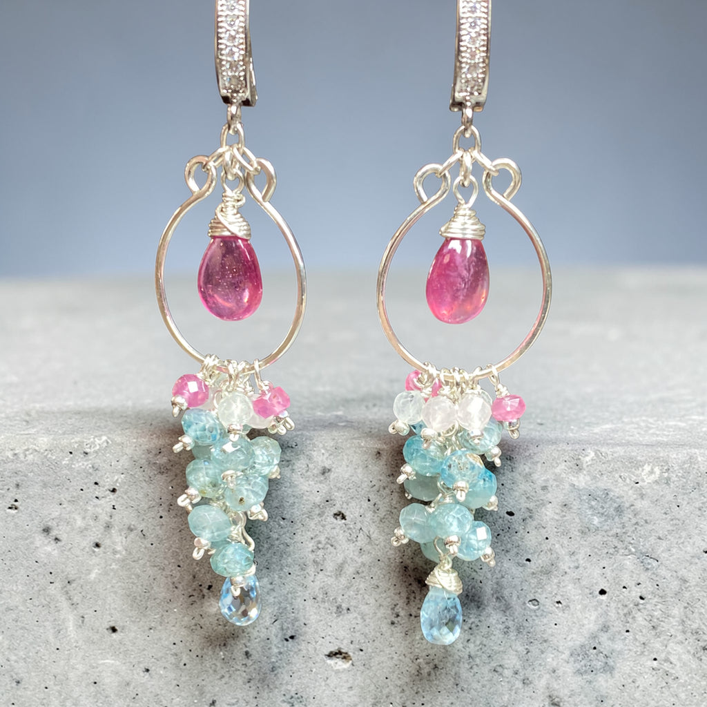 Blue Aquamarine, Natural Blue Zircon, Pink Sapphire Chandelier Hoop Earrings Sterling Silver - Doolittle