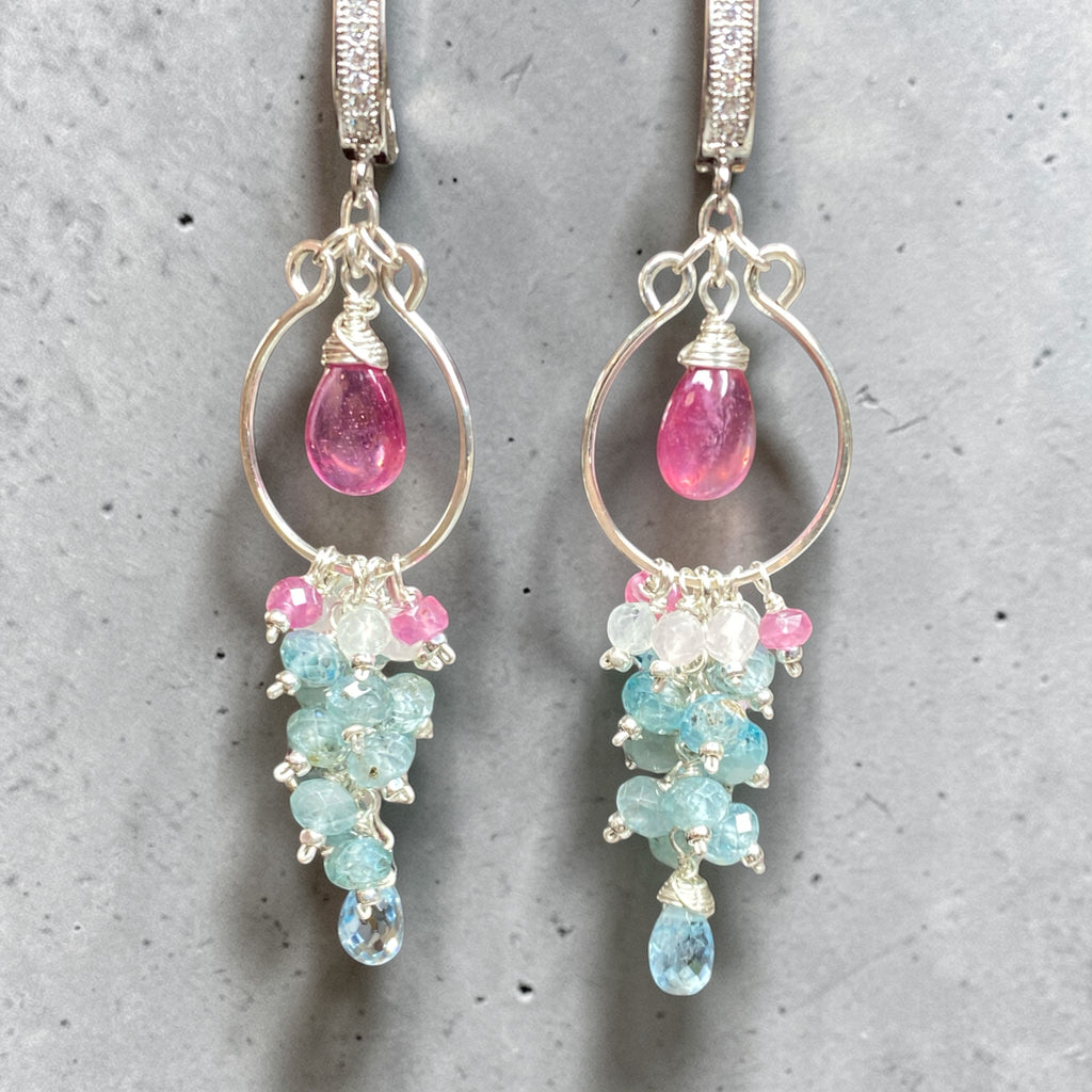 Blue Aquamarine, Natural Blue Zircon, Pink Sapphire Chandelier Hoop Earrings Sterling Silver - Doolittle