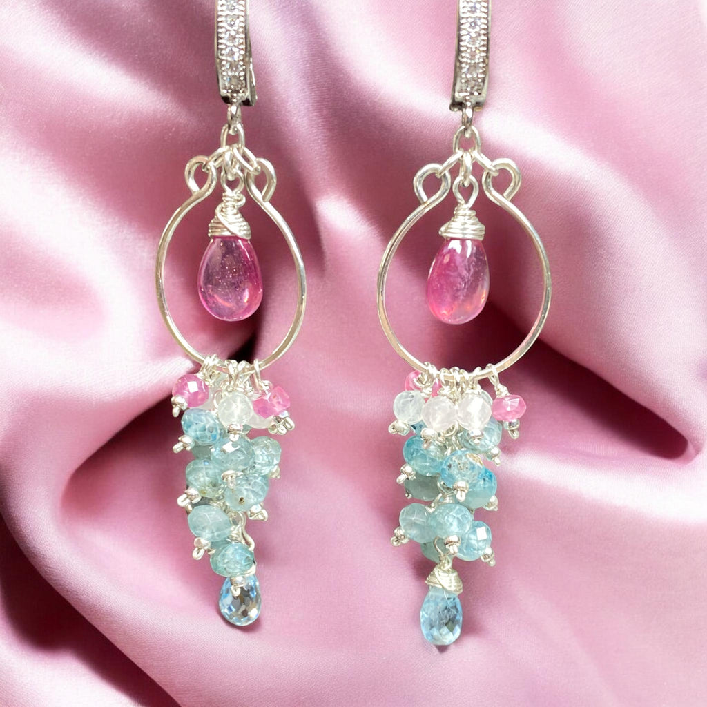 Blue Aquamarine, Natural Blue Zircon, Pink Sapphire Chandelier Hoop Earrings Sterling Silver - Doolittle