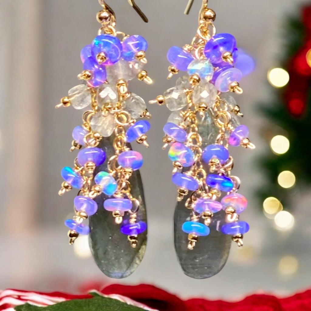 Blue Flash Labradorite Cluster Earrings with Lavender Opals 2 Gold Fill