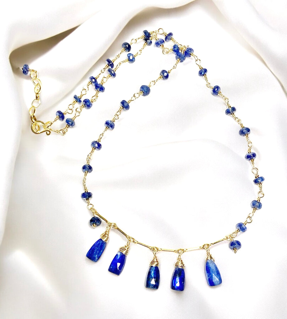 Blue Kyanite Gold Fill Dangle Necklace Rosary Style Wire Wrap