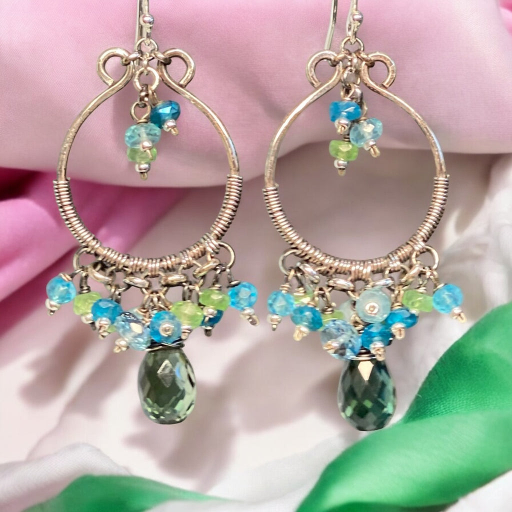 Oxidized Silver Hoop Chandelier Earrings, Aqua, Green Tsavorite, Blue Topaz 2