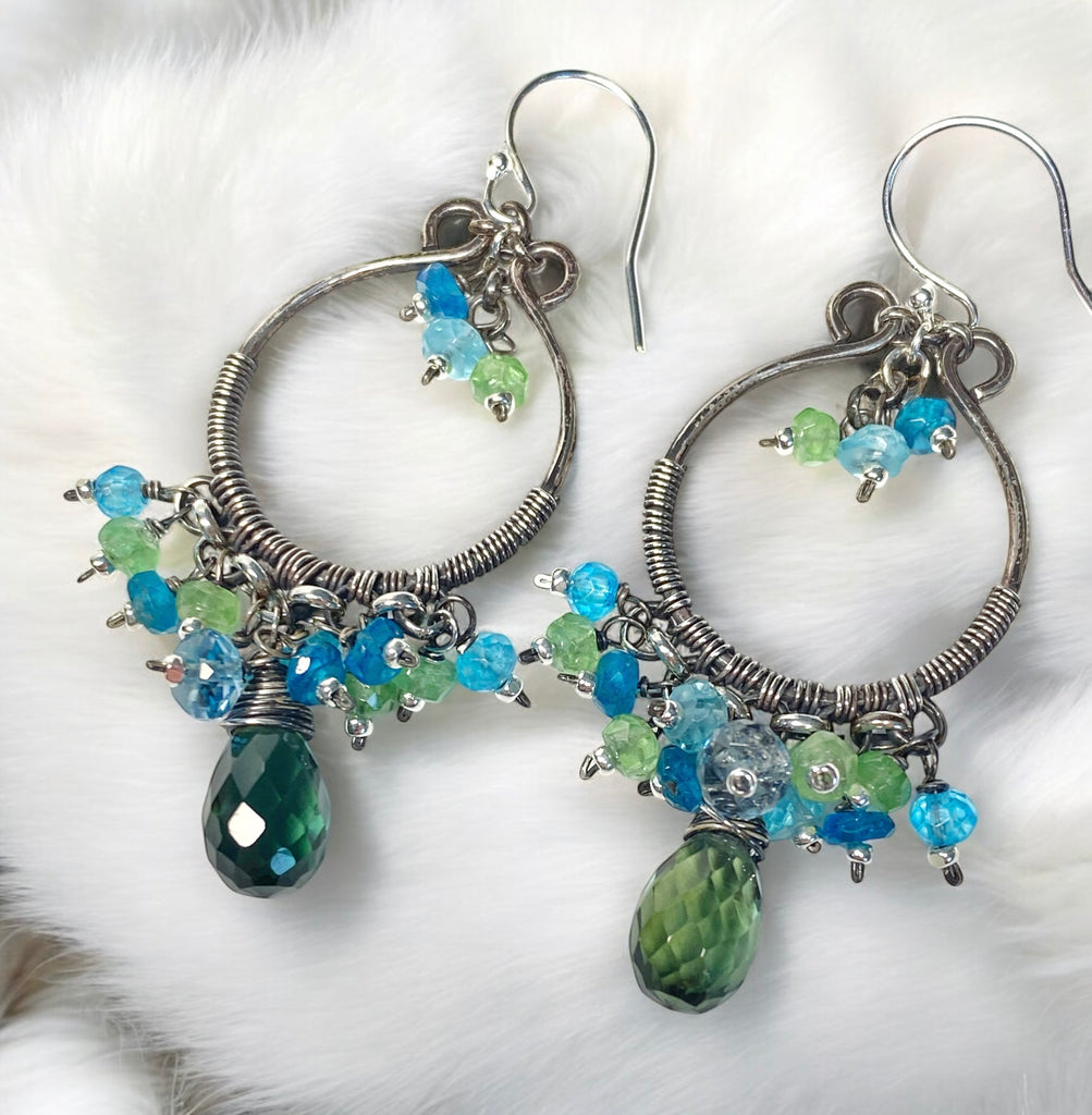 Oxidized Silver Hoop Chandelier Earrings, Aqua, Green Tsavorite, Blue Topaz 2