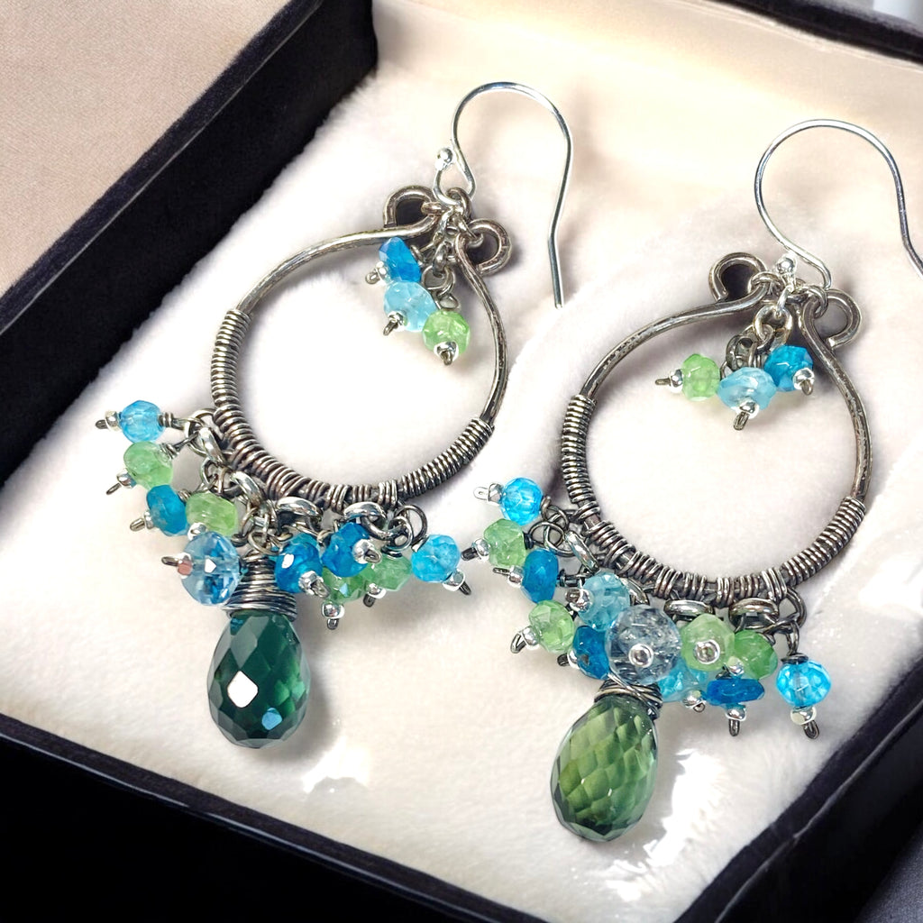 Oxidized Silver Hoop Chandelier Earrings, Aqua, Green Tsavorite, Blue Topaz 2