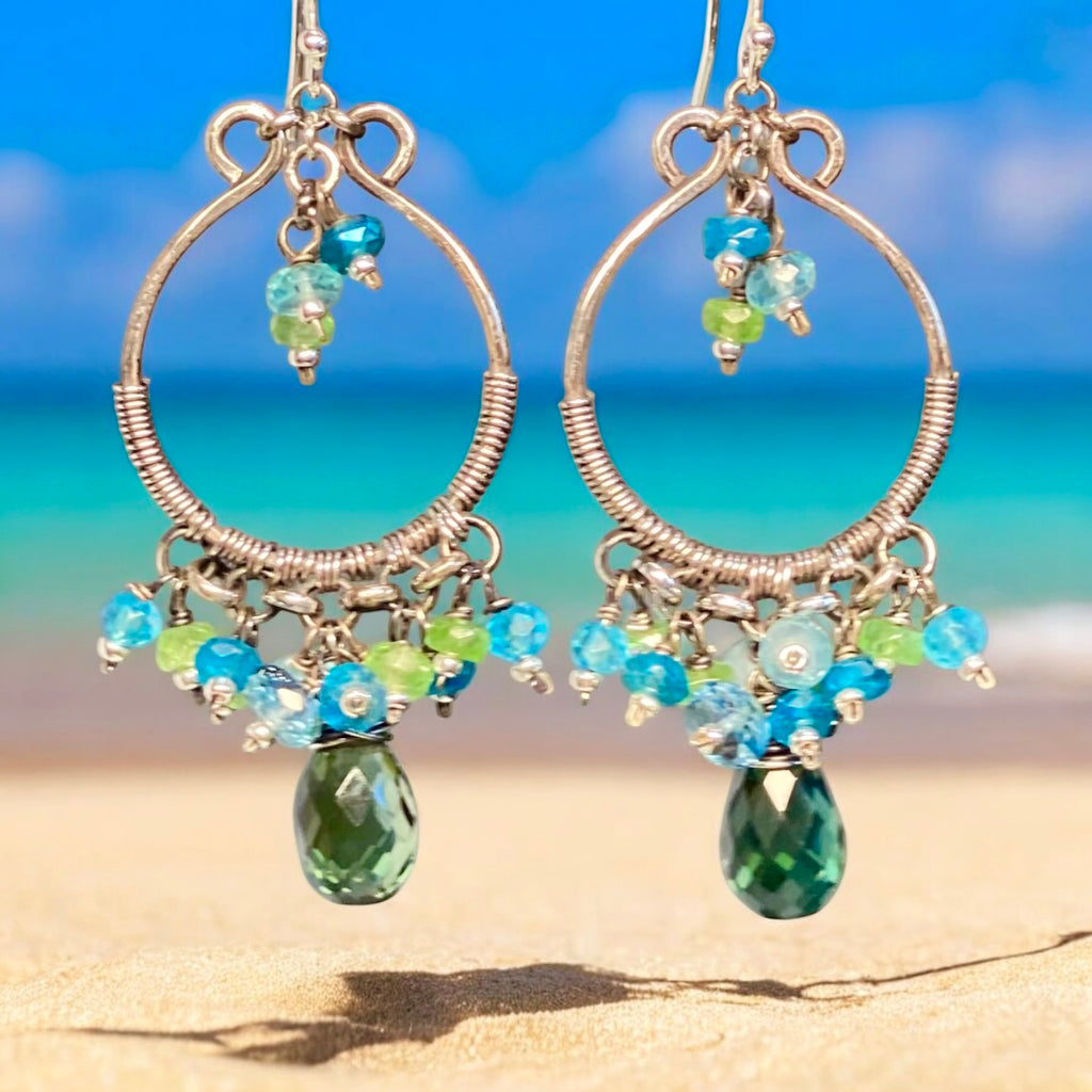 Oxidized Silver Hoop Chandelier Earrings, Aqua, Green Tsavorite, Blue Topaz 2