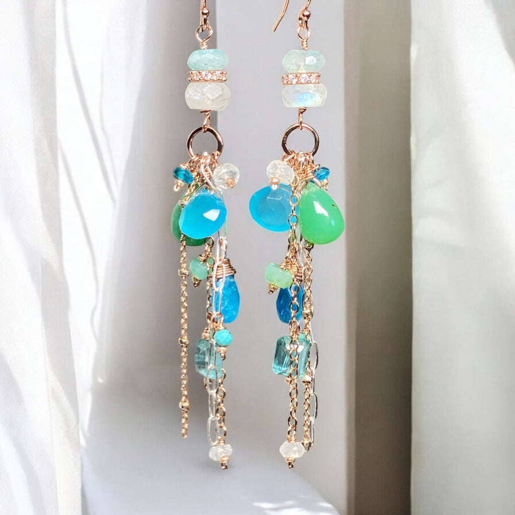 Rose Gold Long Boho Dangle Earrings Mixed Metal with Chrysoprase, Blue Chalcedony and Moonstone