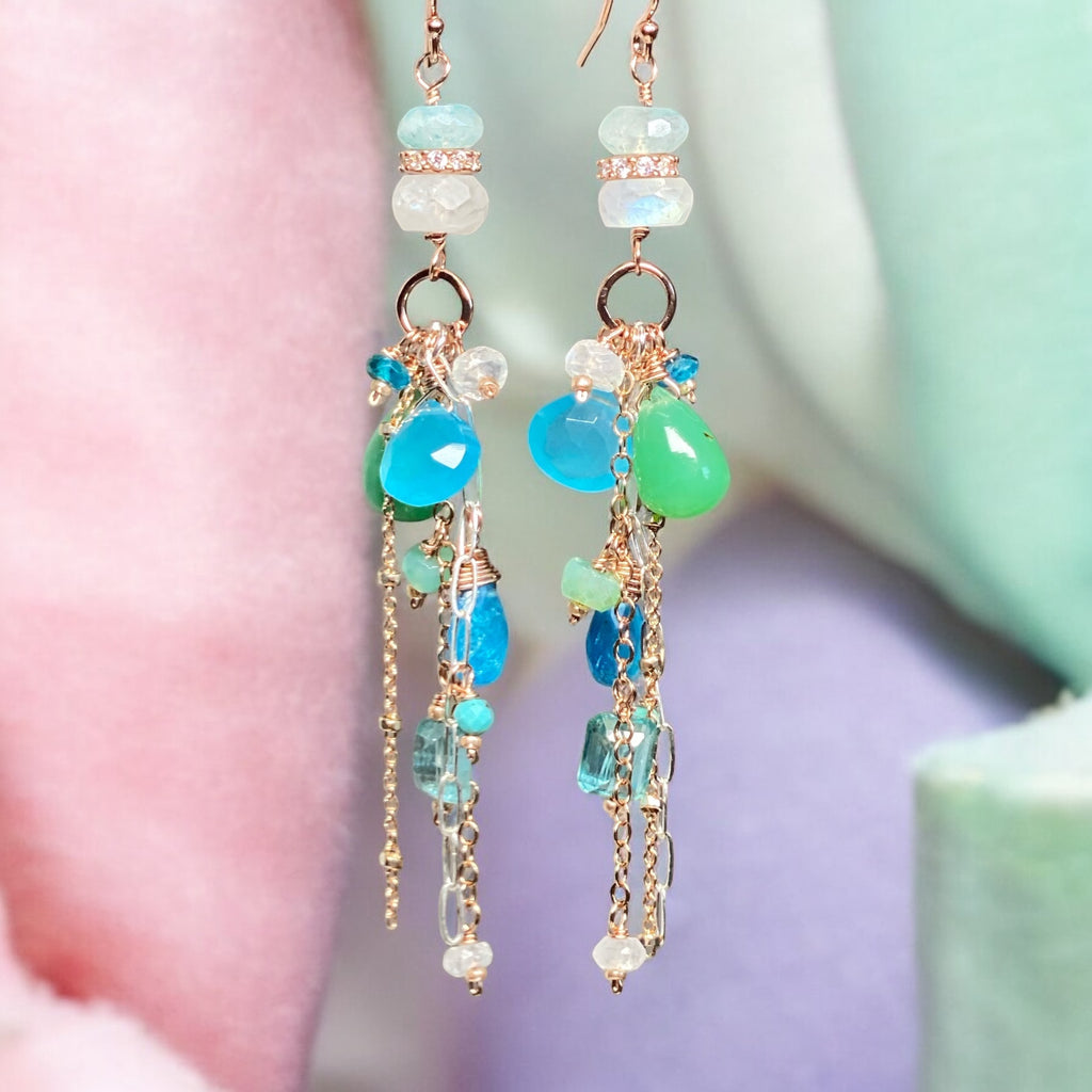 Rose Gold Long Boho Dangle Earrings Mixed Metal with Chrysoprase, Blue Chalcedony and Moonstone