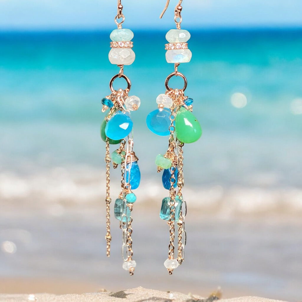 Rose Gold Long Boho Dangle Earrings Mixed Metal with Chrysoprase, Blue Chalcedony and Moonstone