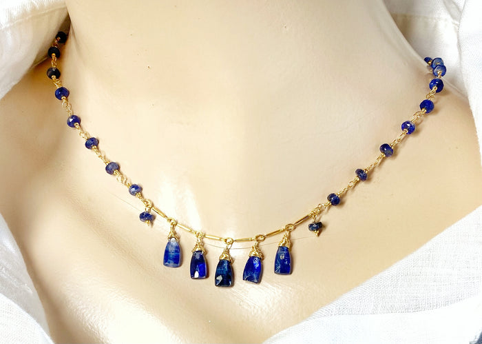 Blue Kyanite Gold Fill Dangle Necklace Rosary Style Wire Wrap