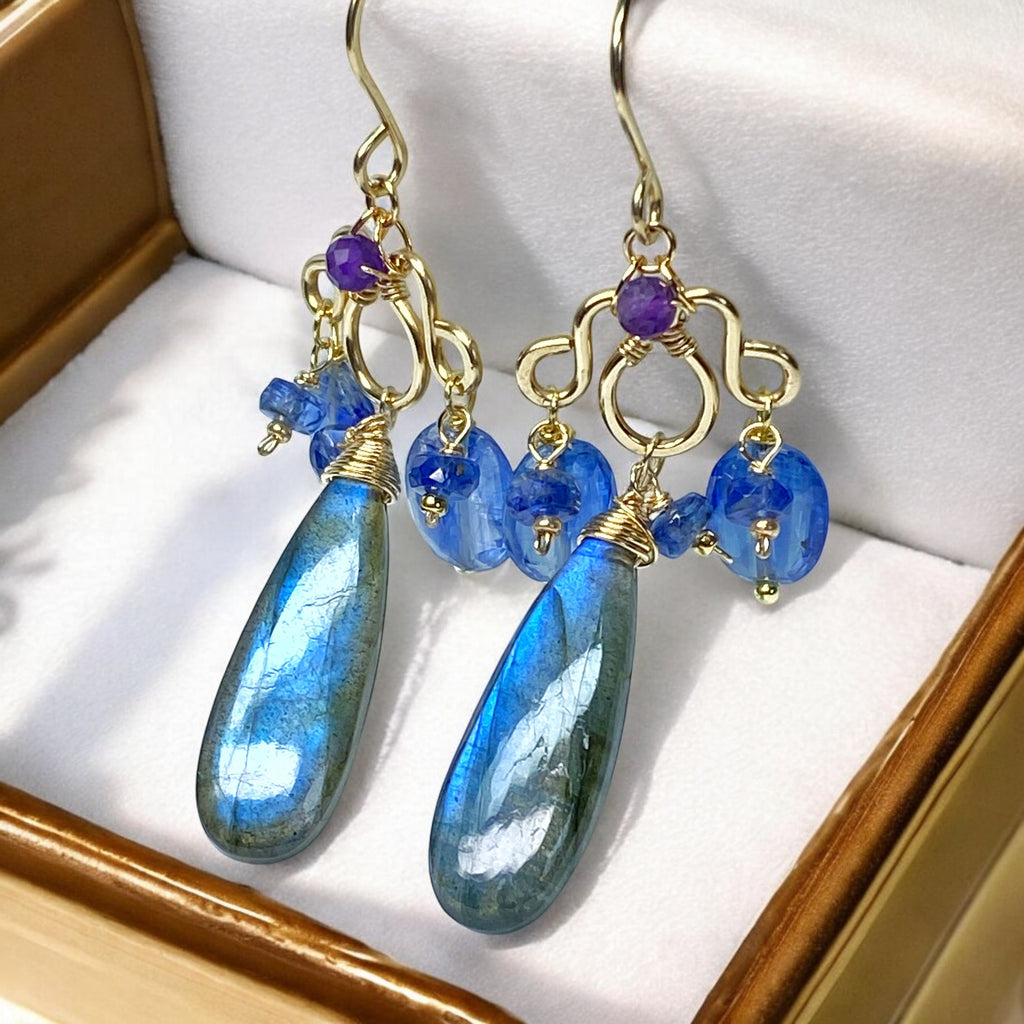 Blue Labradorite Statement Chandelier Earrings in Gold Fill with Kyanite