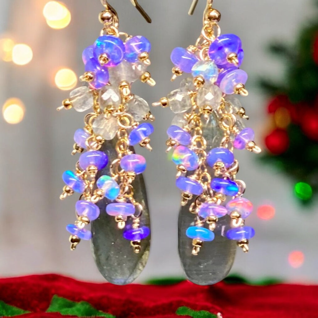 Blue Flash Labradorite Cluster Earrings with Lavender Opals 2 Gold Fill