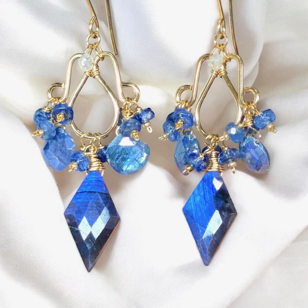 Blue Labradorite, Kyanite Handmade Chandelier Earrings, Gold Fill