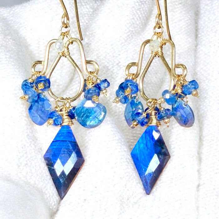 Blue Labradorite, Kyanite Handmade Chandelier Earrings, Gold Fill