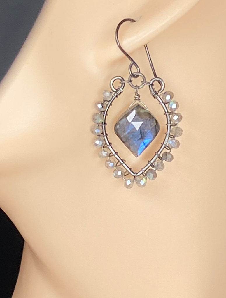 Blue Flash Labradorite Chandelier Earrings - Oxidized Sterling Silver Handmade - Doolittle