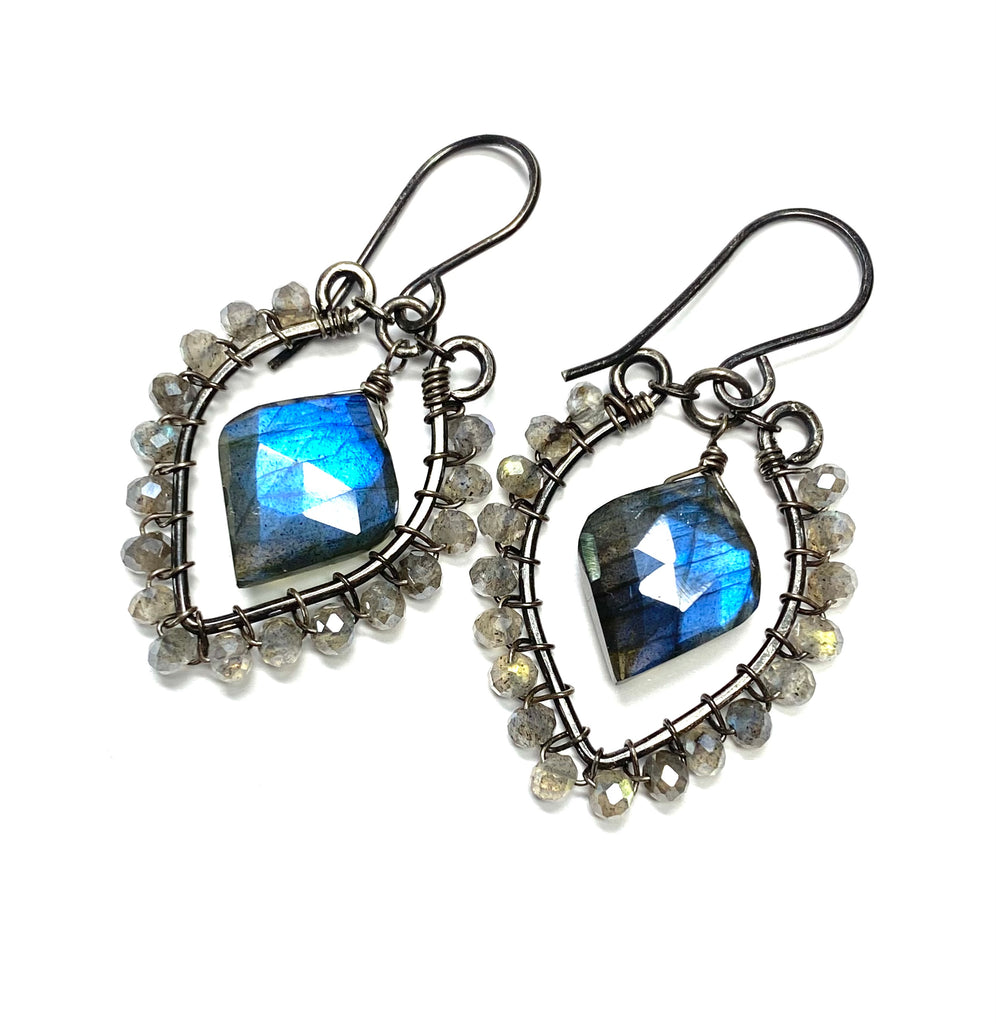 Blue Flash Labradorite Chandelier Earrings - Oxidized Sterling Silver Handmade - Doolittle
