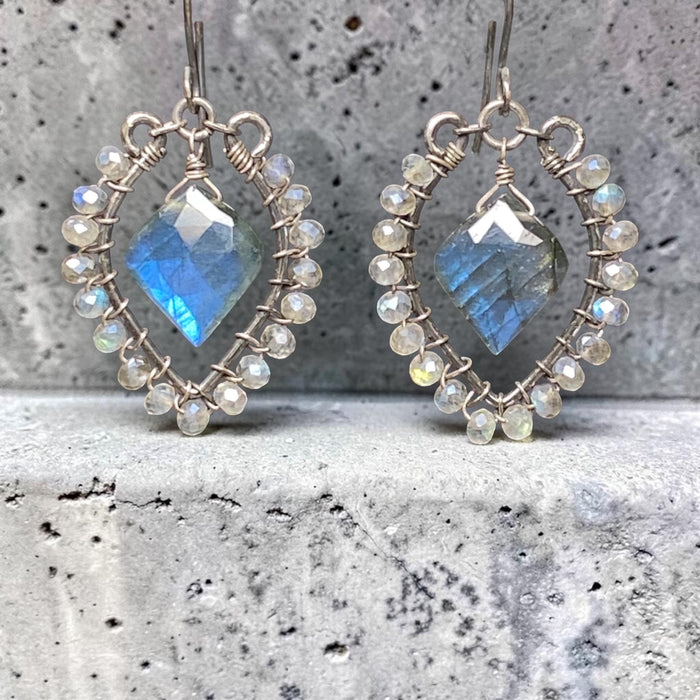Blue Flash Labradorite Chandelier Earrings - Oxidized Sterling Silver Handmade - Doolittle