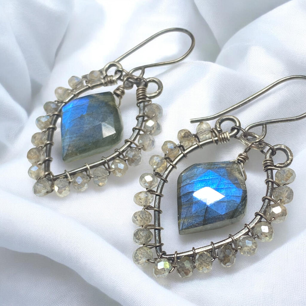 Blue Flash Labradorite Chandelier Earrings - Oxidized Sterling Silver Handmade - Doolittle