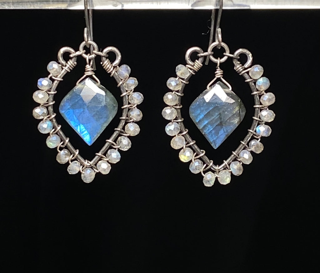 Blue Flash Labradorite Chandelier Earrings - Oxidized Sterling Silver Handmade - Doolittle