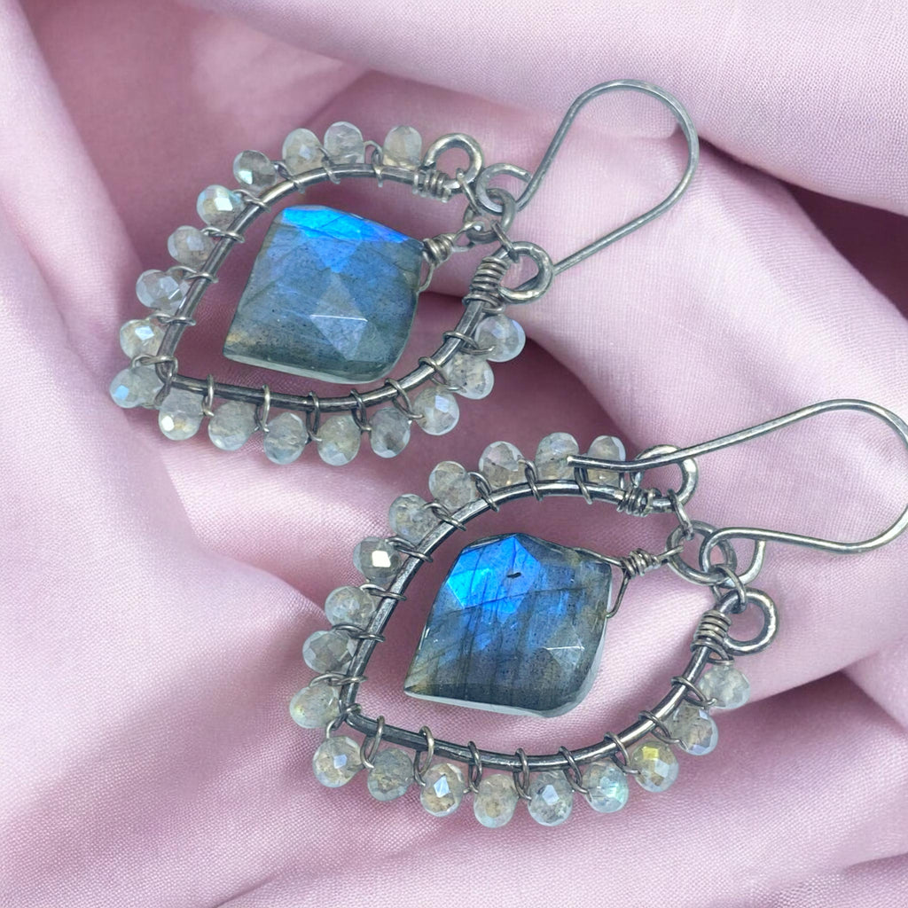 Blue Flash Labradorite Chandelier Earrings - Oxidized Sterling Silver Handmade - Doolittle