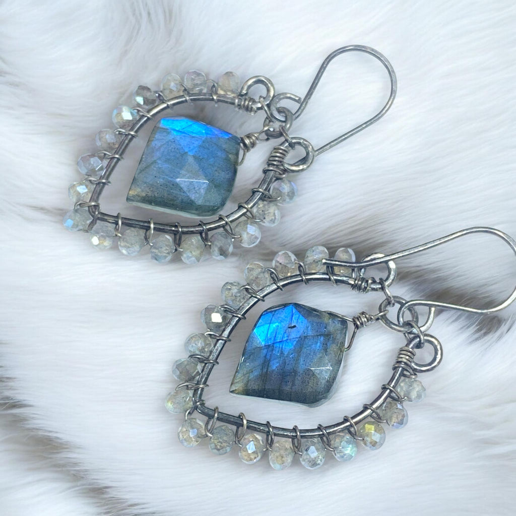 Blue Flash Labradorite Chandelier Earrings - Oxidized Sterling Silver Handmade - Doolittle