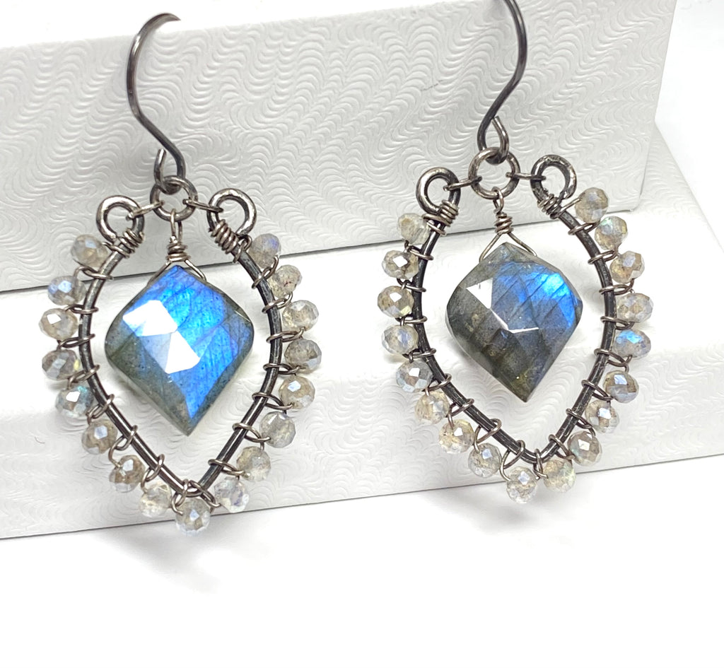 Blue Flash Labradorite Chandelier Earrings - Oxidized Sterling Silver Handmade - Doolittle