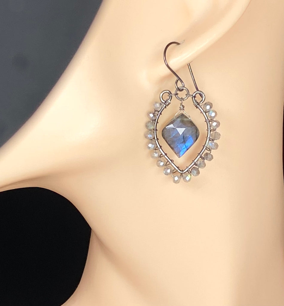 Blue Flash Labradorite Chandelier Earrings - Oxidized Sterling Silver Handmade - Doolittle