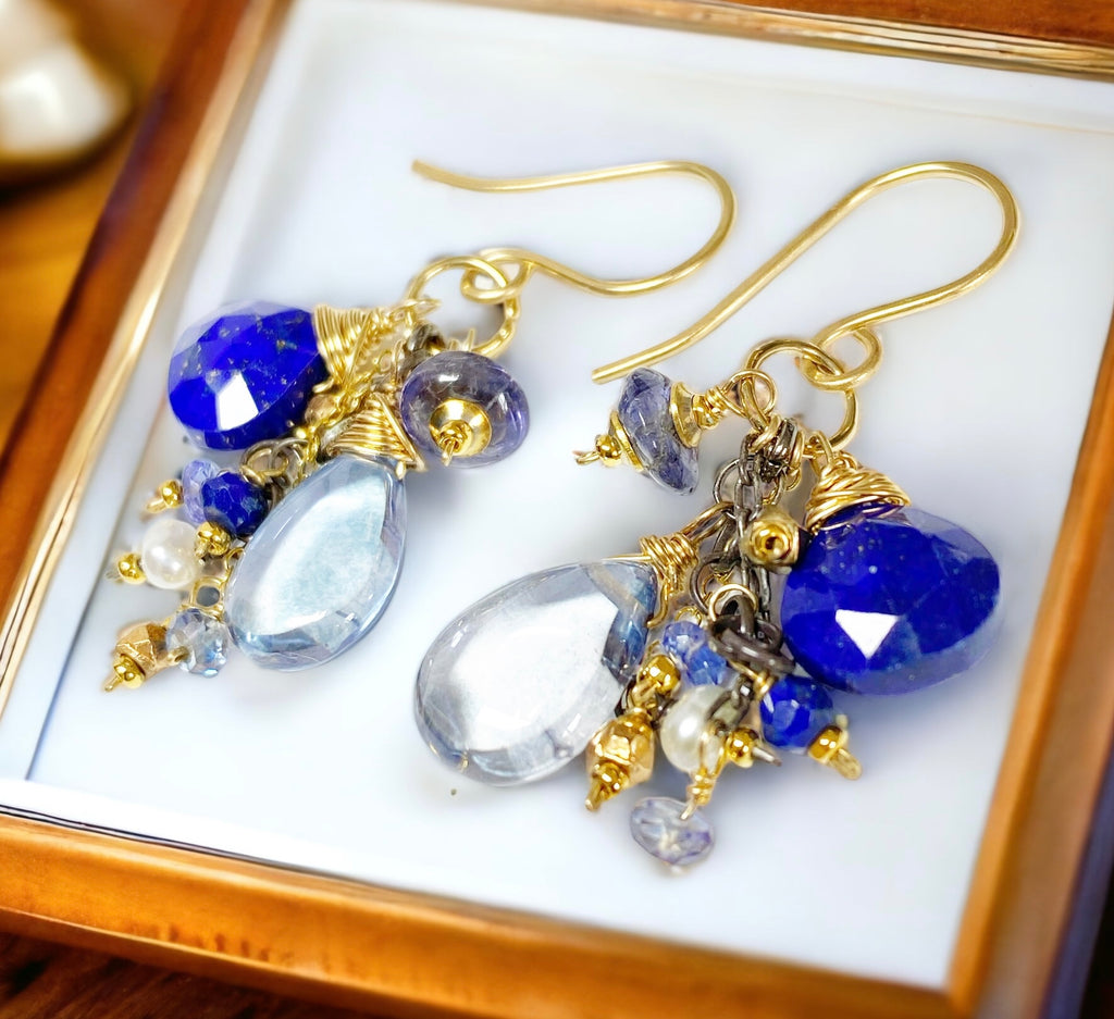 Blue Lapis Dangle and Gemstone Chain Earrings - Doolittle