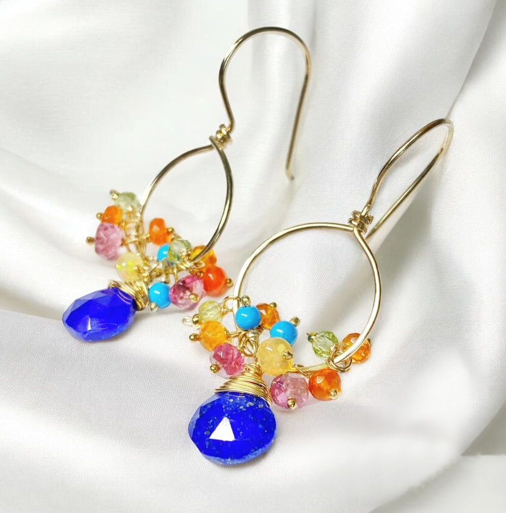 Mexican Fire Opal, Peridot, Opal and Blue Lapis Earrings Gold Fill