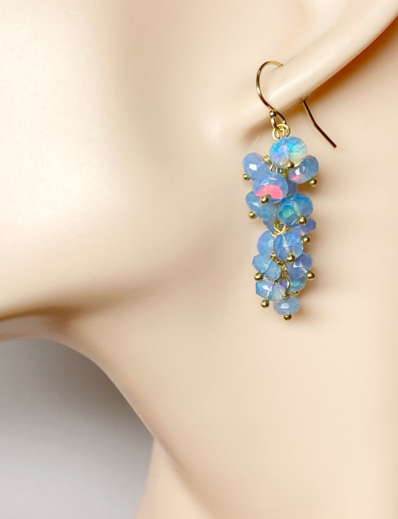 Blue Ethiopian Opal Cluster Dangle Earrings Gold Fill